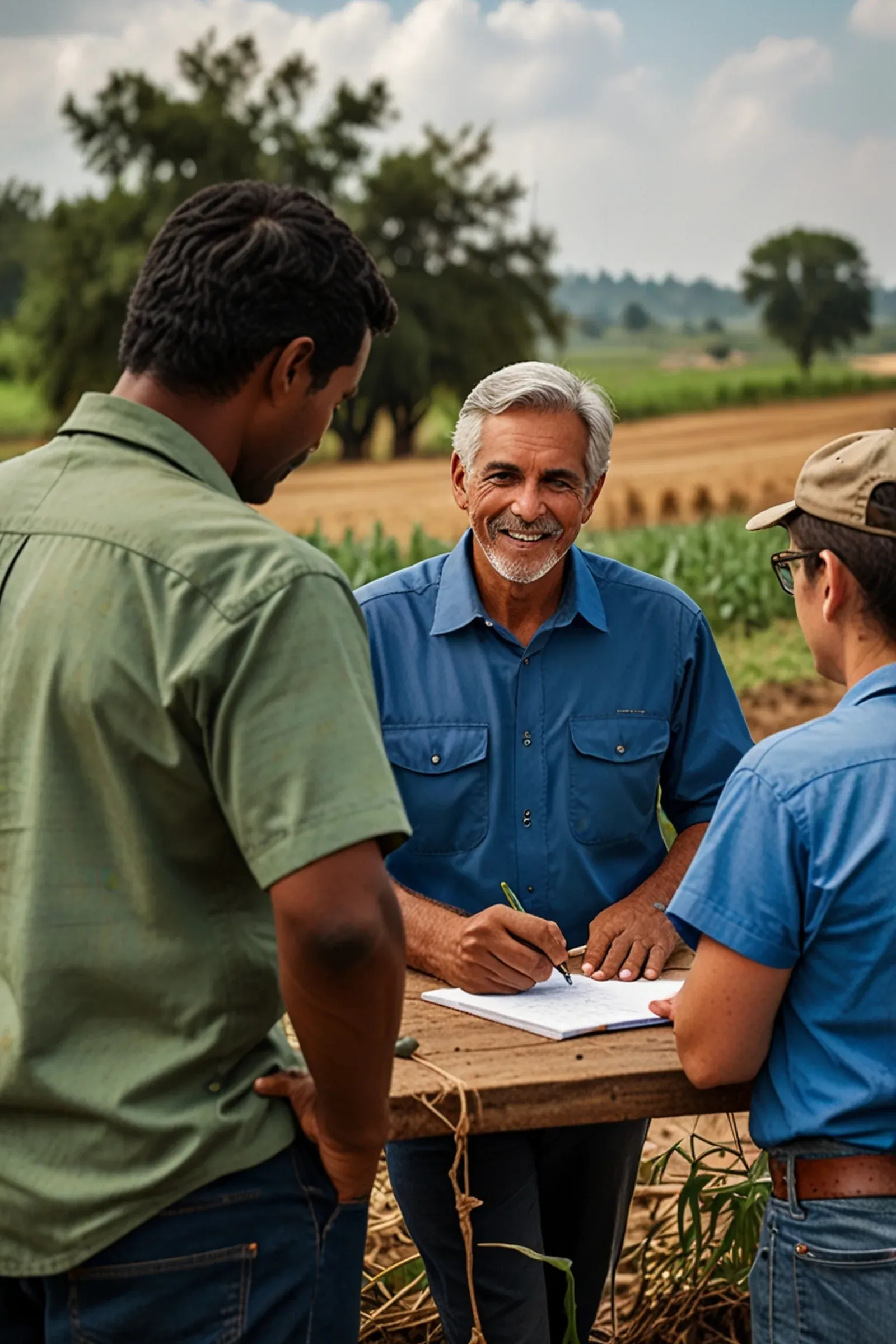 Produtor rural sorridente assinando um documento sobre uma mesa no campo, ao lado de duas pessoas