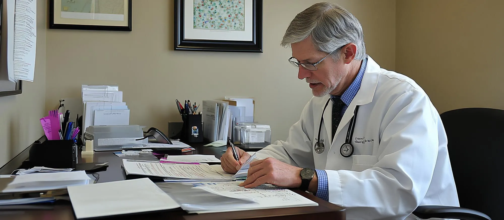 Médico dedicado revisando cartões de pacientes em seu escritório